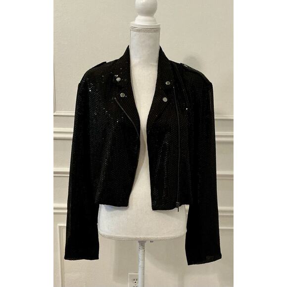 By Anthropologie Sequin Cropped Black Moto Jacket Size Large NWT - Picture 6 of 15